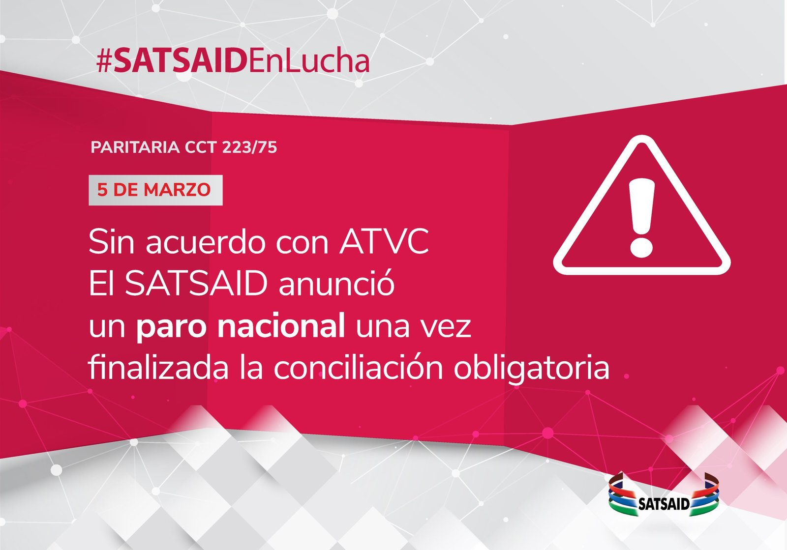 Lee más sobre el artículo SIN ACUERDO CON ATVC: EL SATSAID ANUNCIÓ UN PARO NACIONAL UNA VEZ FINALIZADA LA CONCLIACIÓN OBLIGATORIA