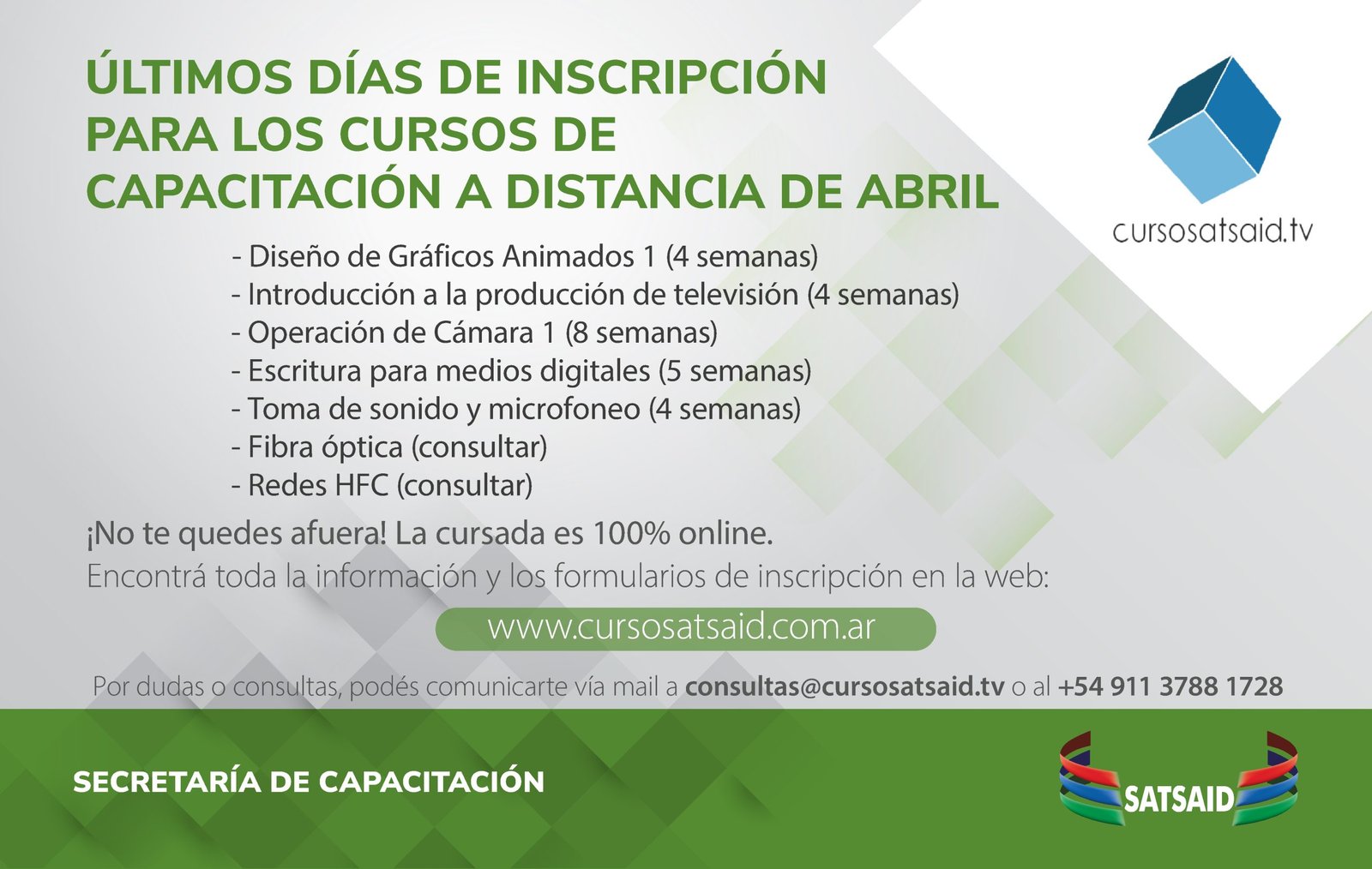 Lee más sobre el artículo ÚLTIMOS DÍAS DE INSCRIPCIÓN PARA LOS CURSOS DE CAPACITACIÓN A DISTANCIA DE ABRIL