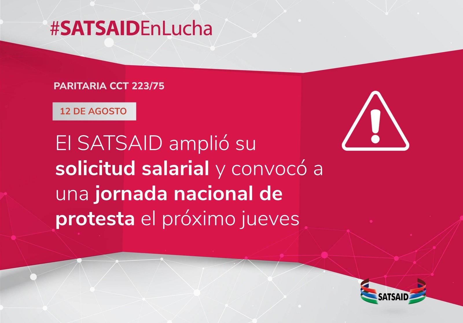 Lee más sobre el artículo EL SATSAID AMPLIÓ SU SOLICITUD SALARIAL Y CONVOCÓ A UNA JORNADA NACIONAL DE PROTESTA EL PRÓXIMO JUEVES